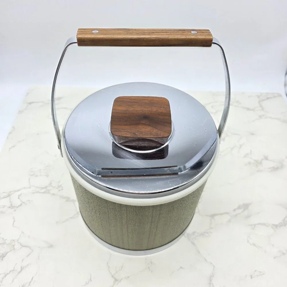 Vintage Kromex Ice Bucket Green Woodgrain Chrome Lid Mid Century Barware USA - Picture 2 of 11